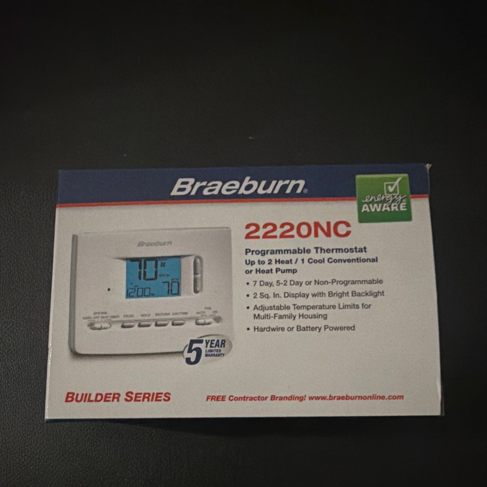 Braeburn 2220NC Programmable Thermostat Digital Display Push Button White