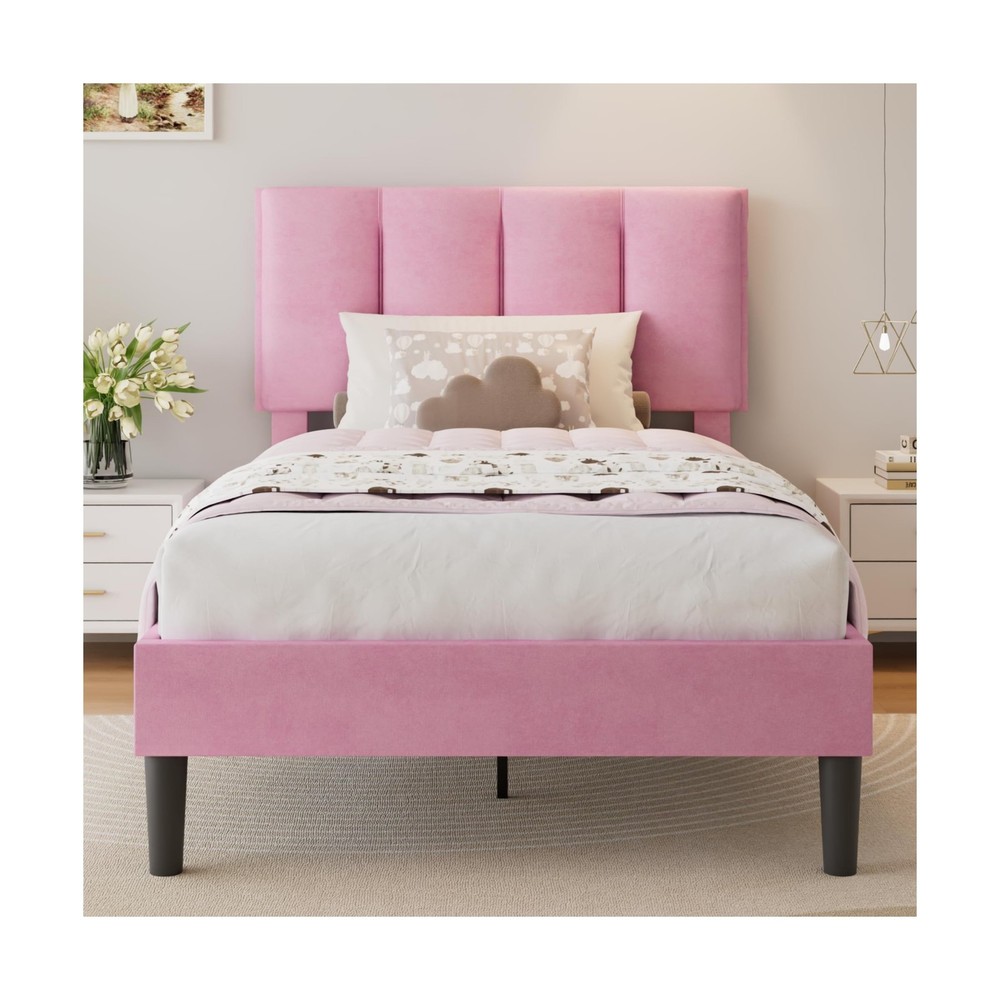 VECELO Twin Size Bed Frame with Upholstered Headboard, Heavy-Duty Bedframe wi...
