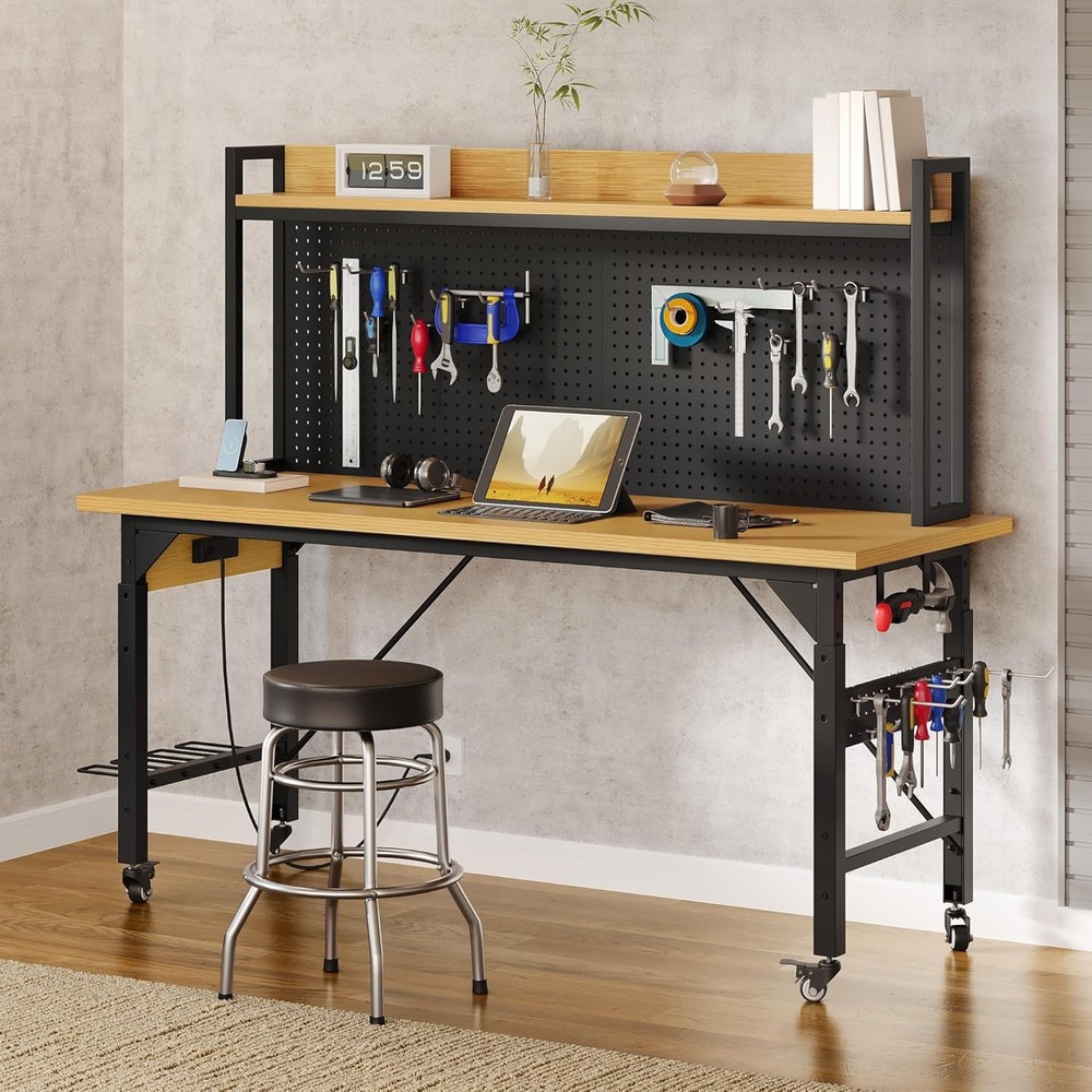DWVO Workbench 48in Rolling AC Outlet Pegboard