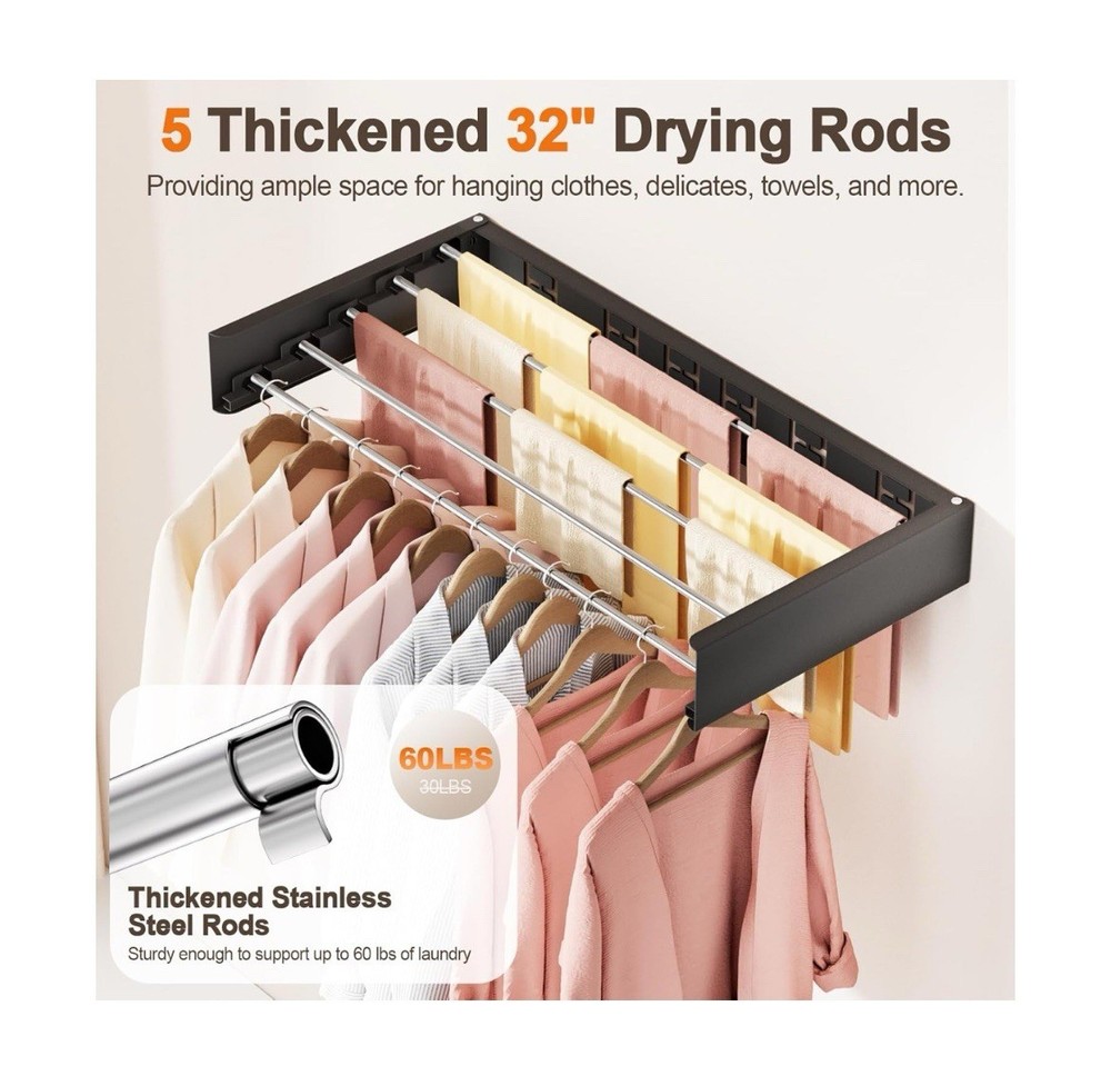 40” Wall Mounted Clothes Drying Rack Folding, Foldable Laundry Drying Rack