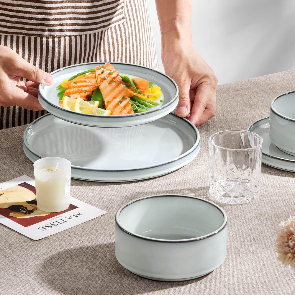 12 Pieces Stoneware Dinnerware Set for 4, Ceramic Dinner Dishware Icy White