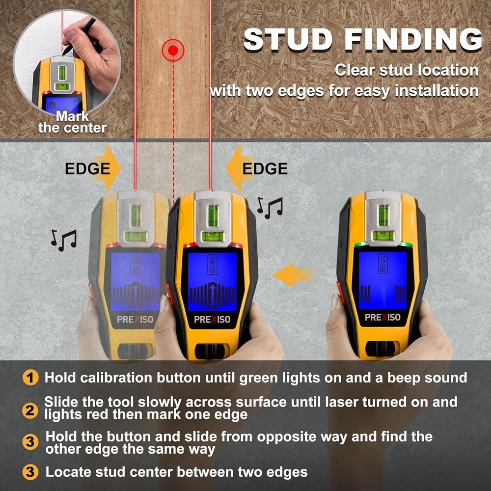 PREXISO 2-in-1 Stud Finder with Laser Level Wall Stud Scanners Tool for Hanging