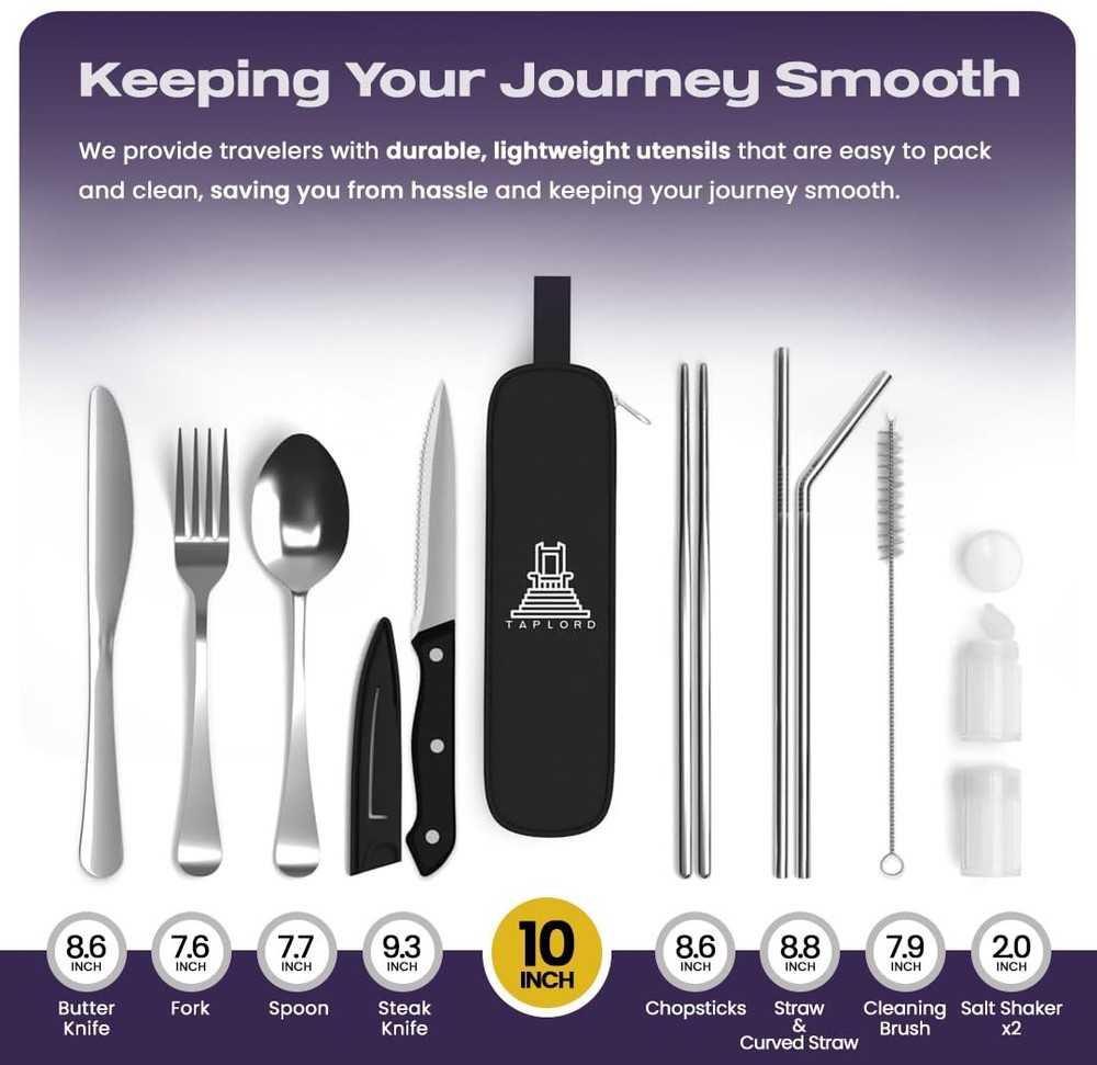 Portable Travel Silverware Set With Case, Includes 10 Pcs 10 Pieces, Silver