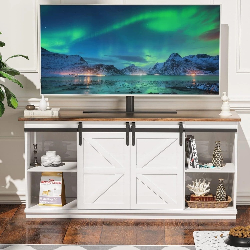 Large White TV Stand, Sliding Barn Doors, Console Table, 58"