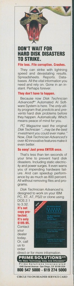 1989 Disk Technician Advanced For IBM PC Venemous Snake Prime Solutions Ad PC3