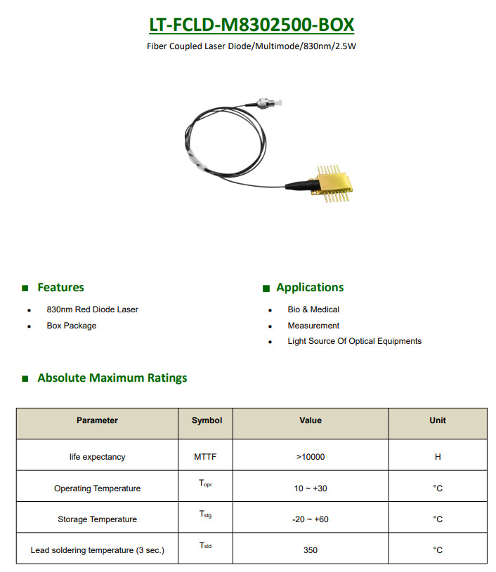 LASER TREE 830nm 2.5W Red Multimode Fiber Coupled Laser Diode