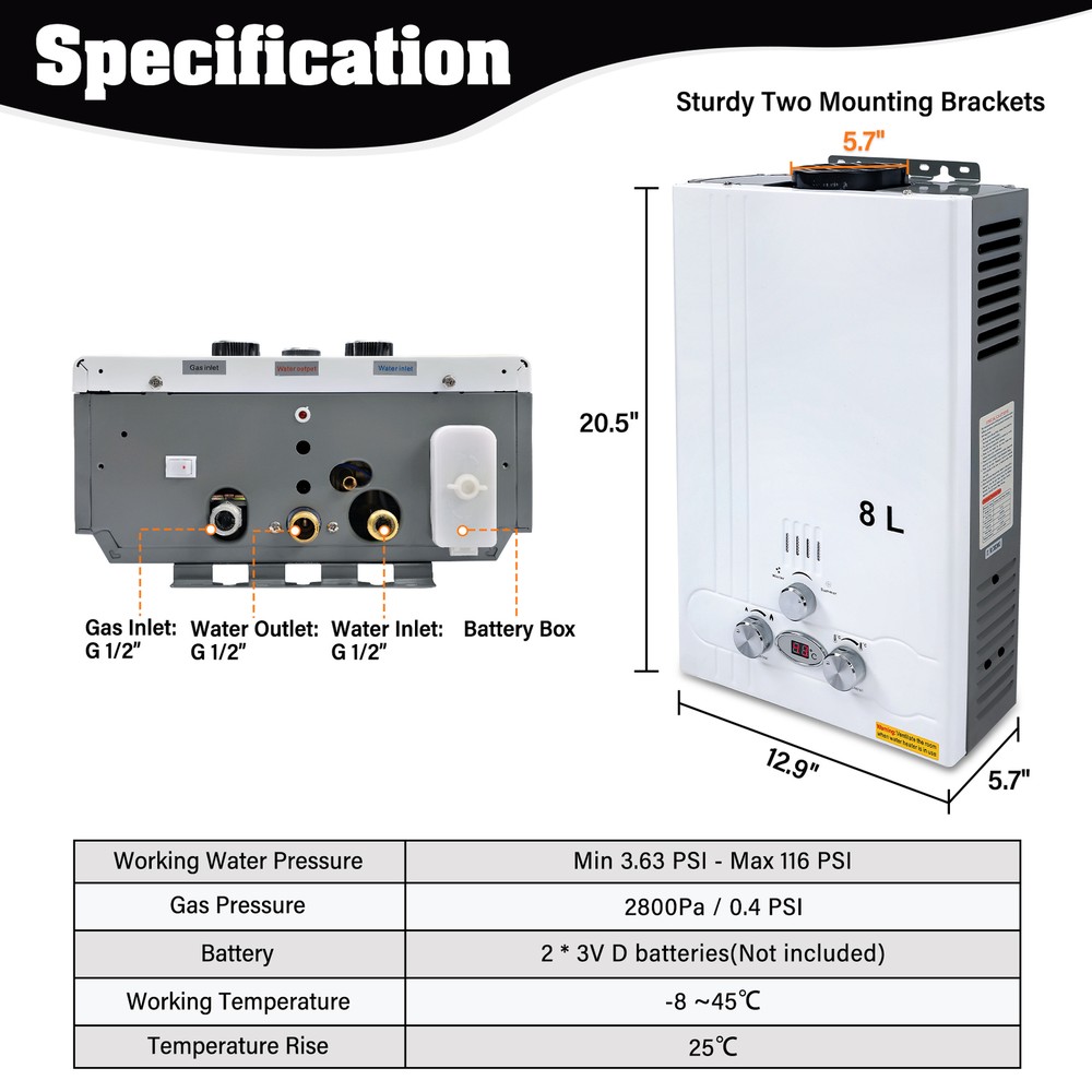 8L 2GPM Tankless LPG Liquid Propane Gas Hot Water Heater On-Demand Water Boiler