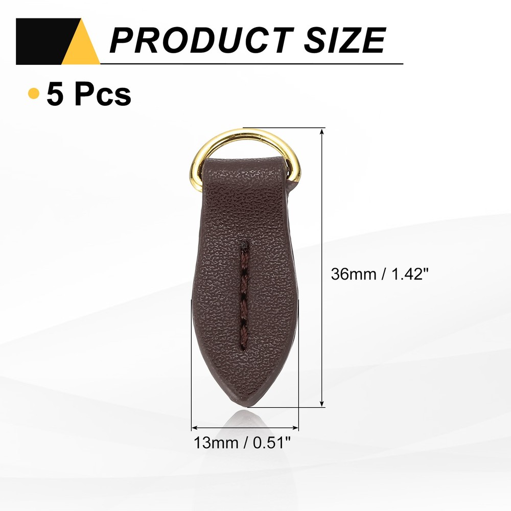 5pcs Zipper Pull, 1.42 Inch Leaf Leather Zipper Replacement Repair, Dark Brown