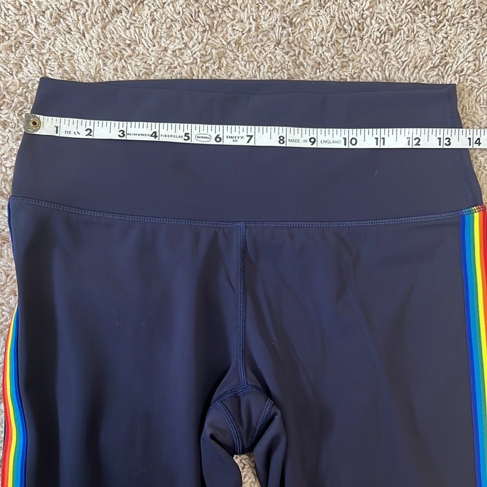 Zyia Medium Rainbow Stripe Multicolor Crop Leggings Navy Blue