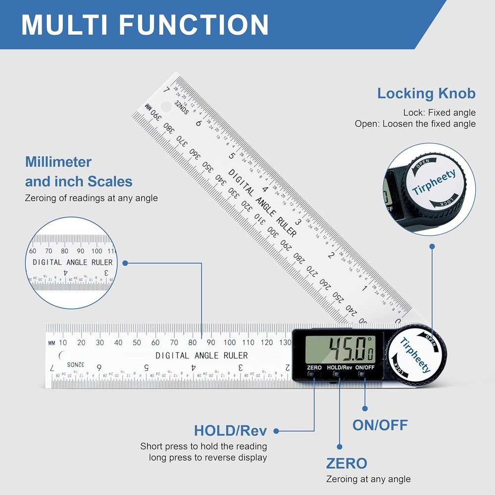 Third Generation Protractor Angle Finder Digital Angle Ruler with 7Inch 200Mm US