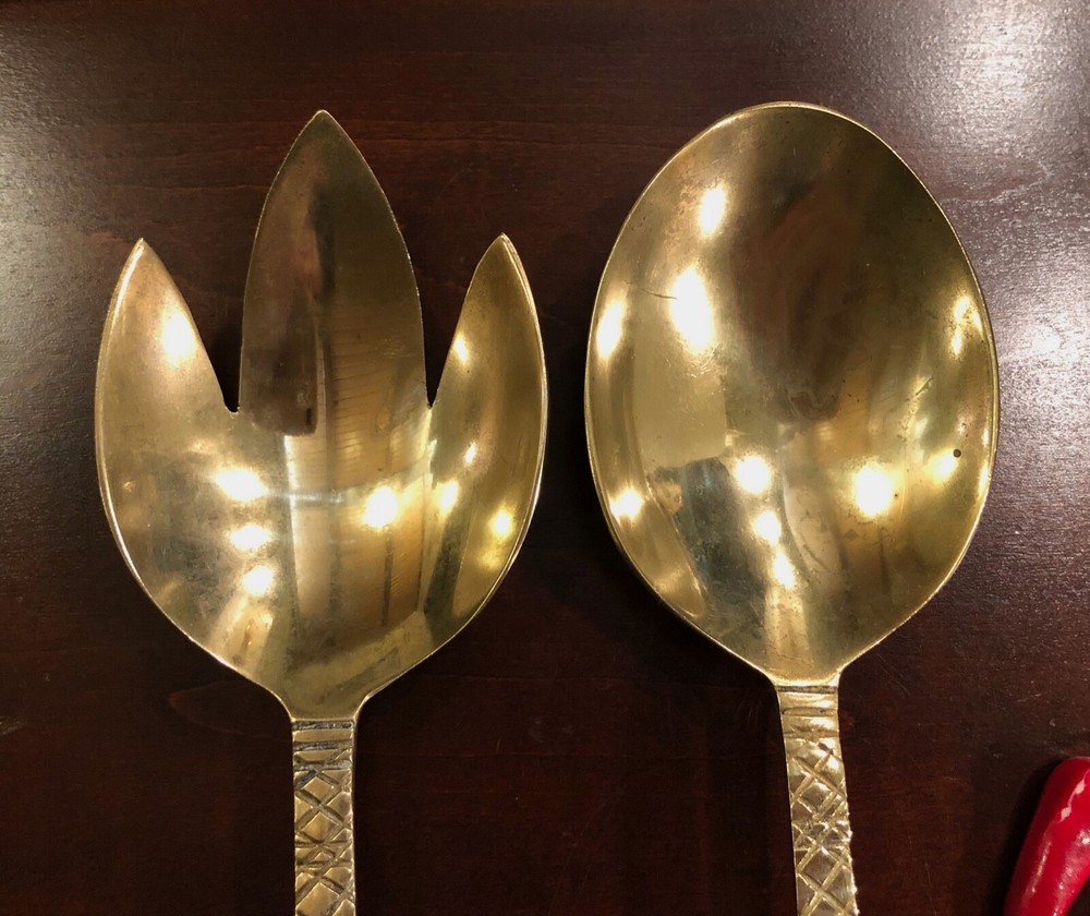 VTG Handcrafted Decorative Ornate Solid Brass Fork & Spoon Salad Serving Set 12"
