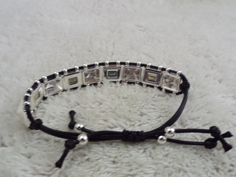 Silvertone Blue Bead Black Cord Adjustable Bracelet