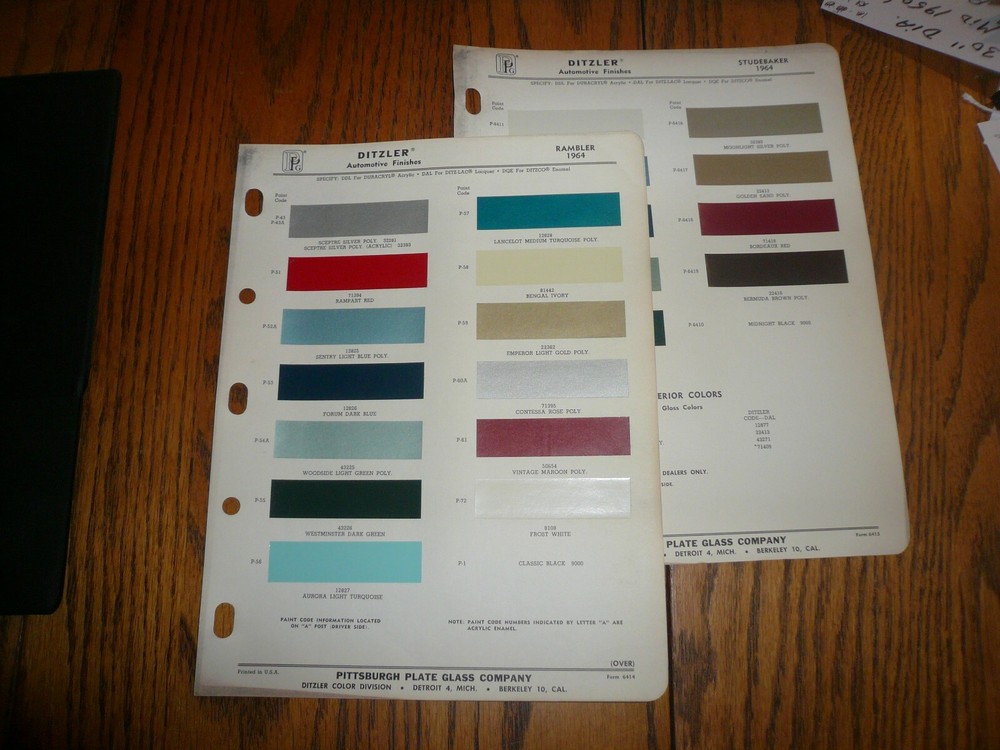 1964 Studebaker Rambler Ditzler PPG Color Chip Paint Samples - 2 Charts