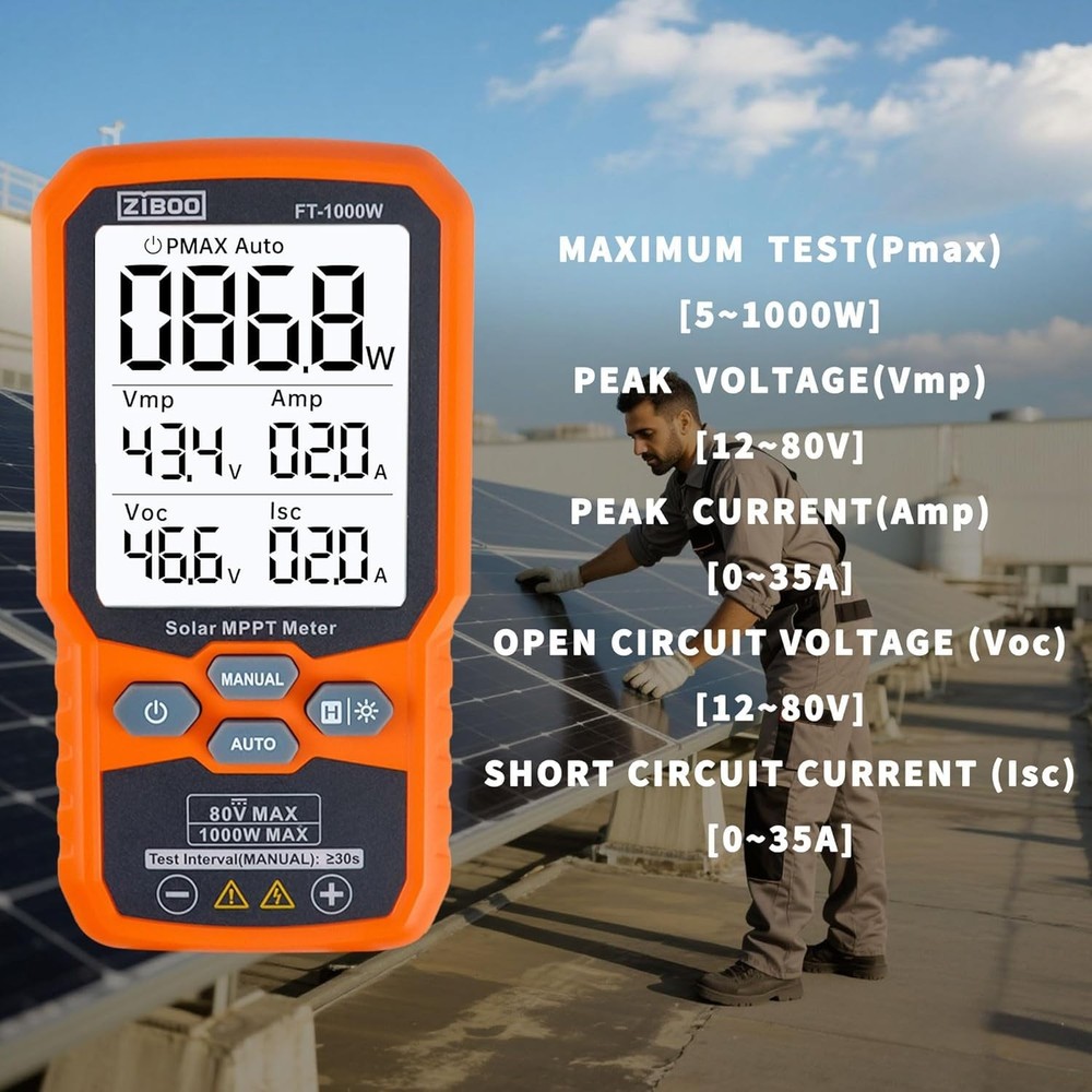 ZIBOO FT-1000W Solar Panel Tester MPPT Meter - 1000W Max Power,