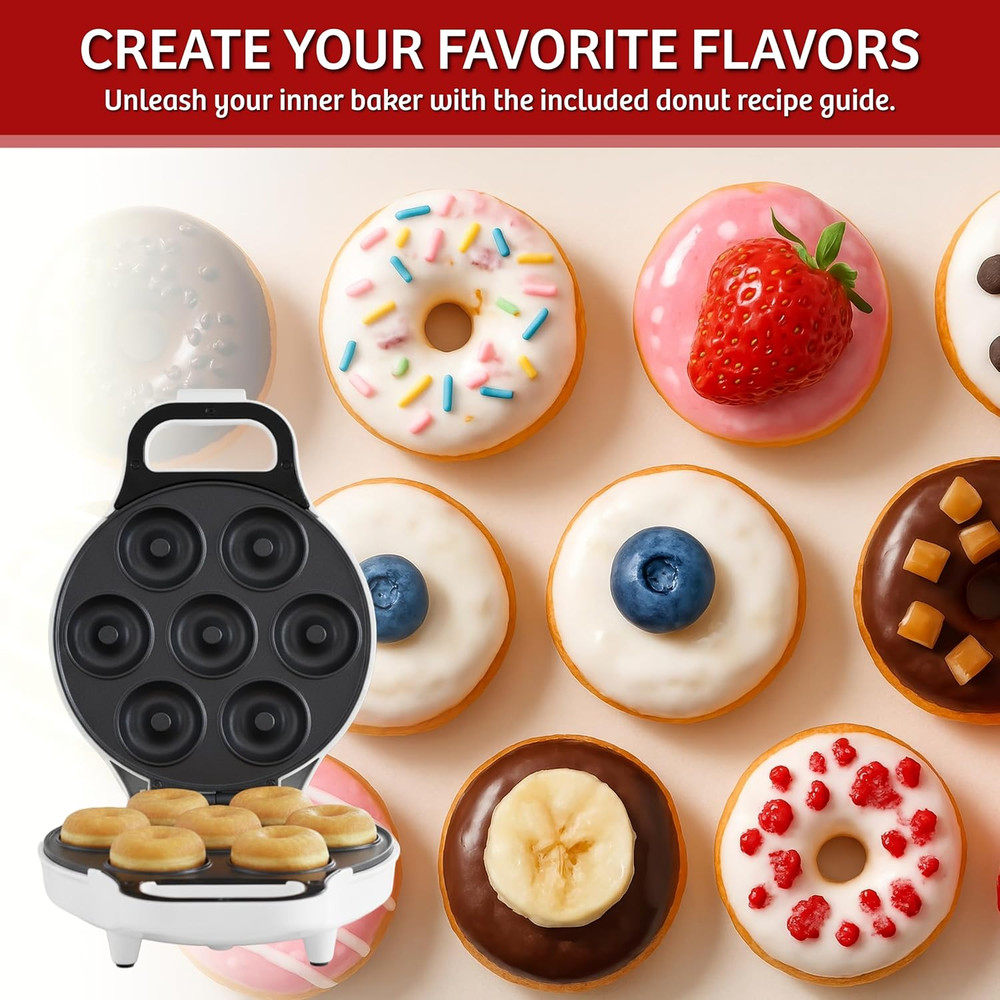 Mini Donut Maker, Durable, Nonstick Easy to Use Mini Baking Machine - Cooks 7 Mi