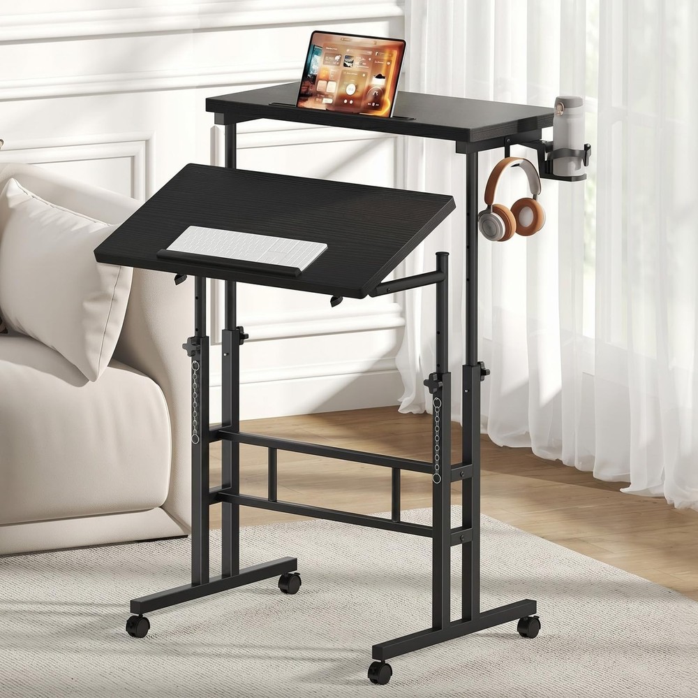 Dual Desktop Height Adjust Rolling Desk w/Cup Holder&Hook,Stand Computer Table