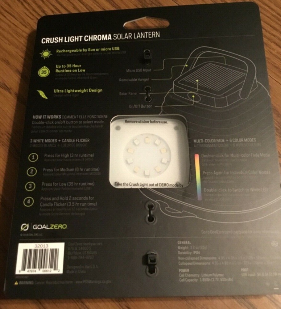 GOAL ZERO Crush Light SOLAR Powered Lantern with Multi Changing Colors # 32013