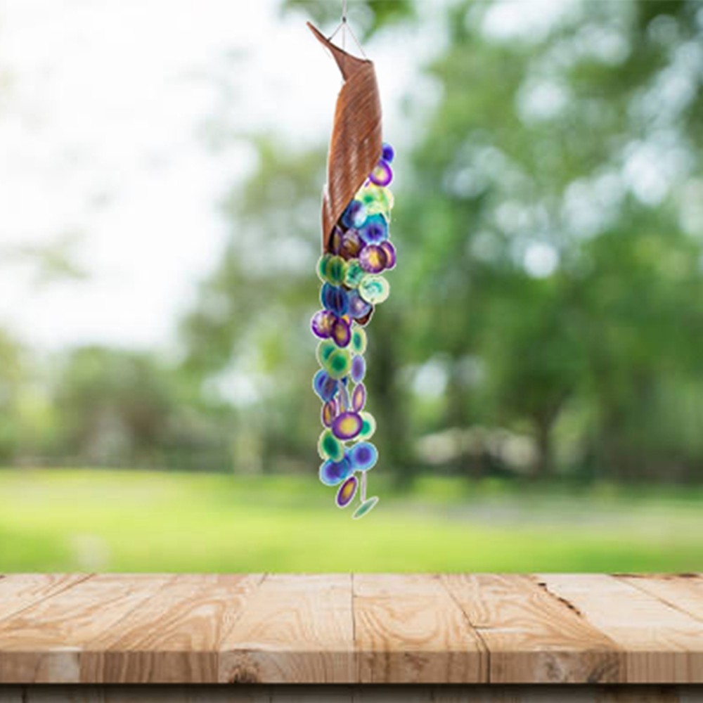Peacock Colored Capiz Shells & Leaf Wind Chime / Hanging Decor Feng Shui Accent