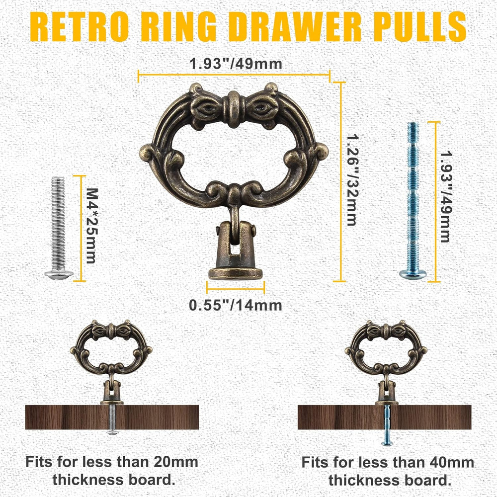 6 Pcs Antique Bronze Drop Ring Drawer Pulls, Vintage Cabinet Pull Handles, Small