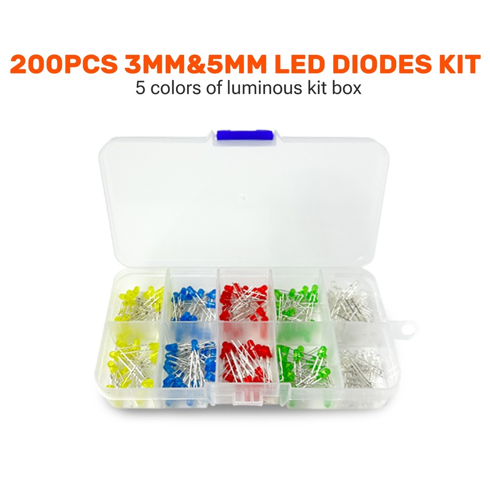 200pcs Mixed LED Set: 3mm + 5mm, 5 Colors, Includes Storage Box