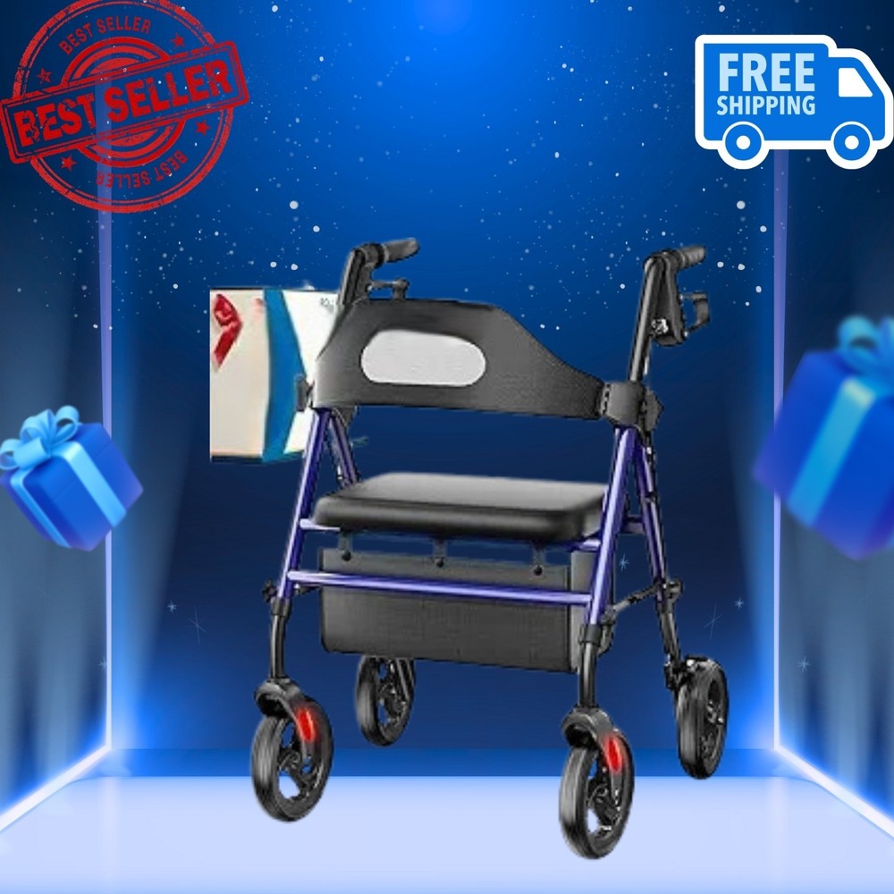 foldable rollator walker with seat, 8" wheels, adjustable height 350 lb capacity