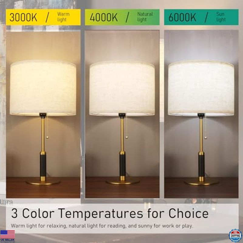 Stylish 21" Bedside Table Lamp - 3 Color Temperatures, Pull Chain, Wood & Fabric