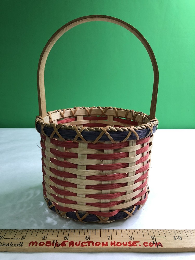 Set 3 Round Handled Woven Baskets Wood Nesting Large Medium Small Signed 2001