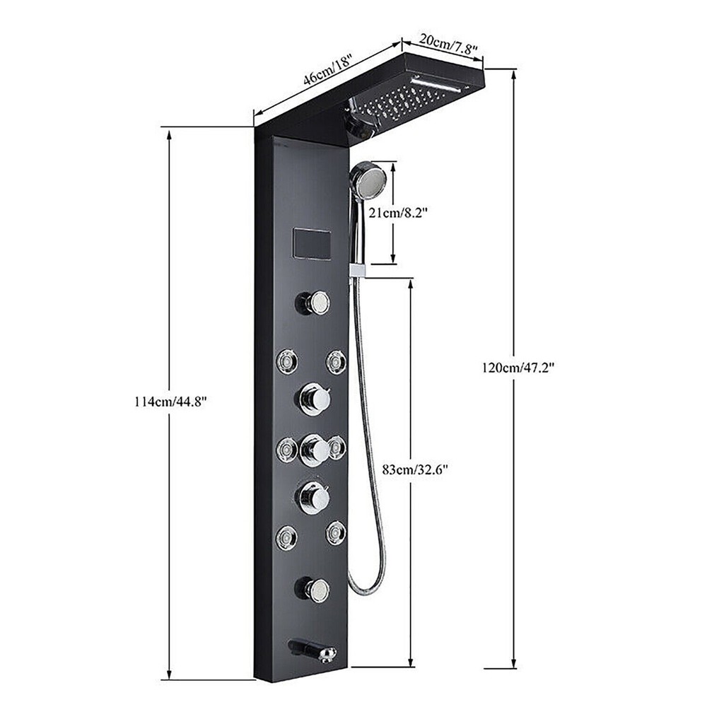LED Brushed Black Shower Panel Tower System Spray Jet Tap Massage