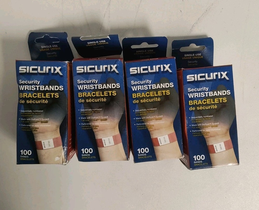 4 Boxes Sicurix Security Wristbands 100 Red Bands Per Box Sequentially Numbered