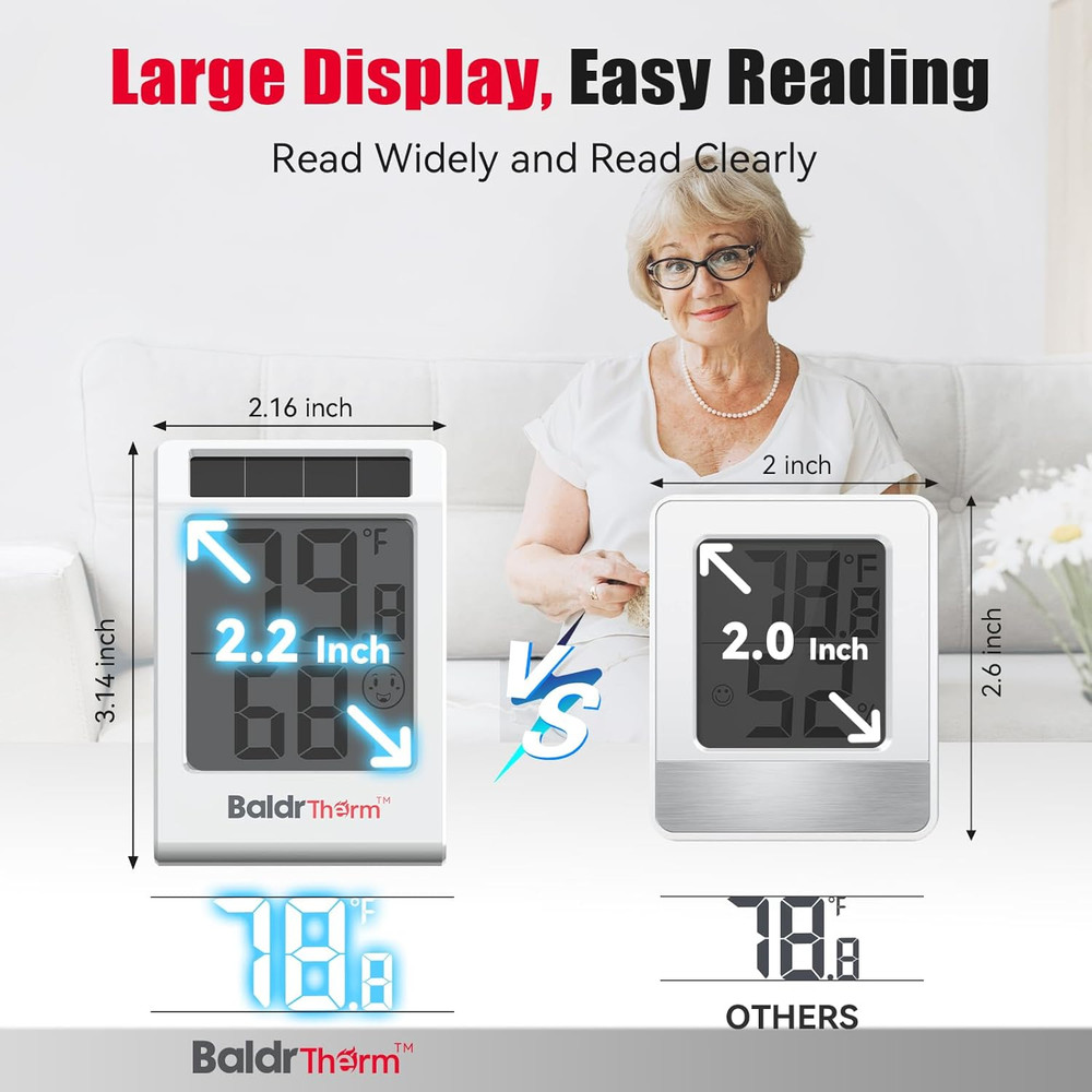 2.2'' Digital Thermometer and Hygrometer Meter, Solar-Powered Indoor Temperat...