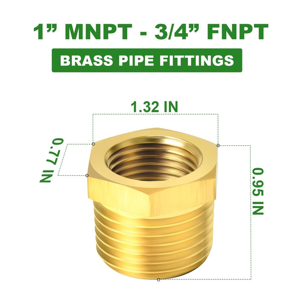 TAISHER 2PCS Brass Reducer Hex Bushing Threaded 1" MNPT x 3/4" FNPT,
