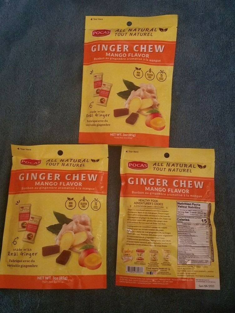 3 PACK POCAS GINGER MANGO FLAVOR CHEW CANDY