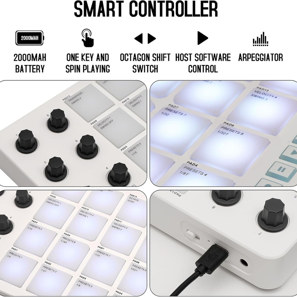 M-WAVE Midi Controller - Bluetooth USB Pad - 16 Drum Pads, 8 Knobs, Rechargeable