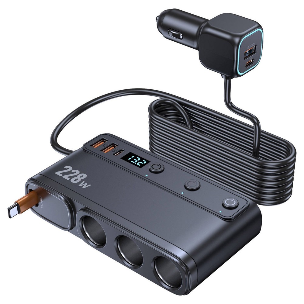 Multi Function Car Charger 9-in-1 with 3 Cigarette Lighter Sockets 6 USB 228W