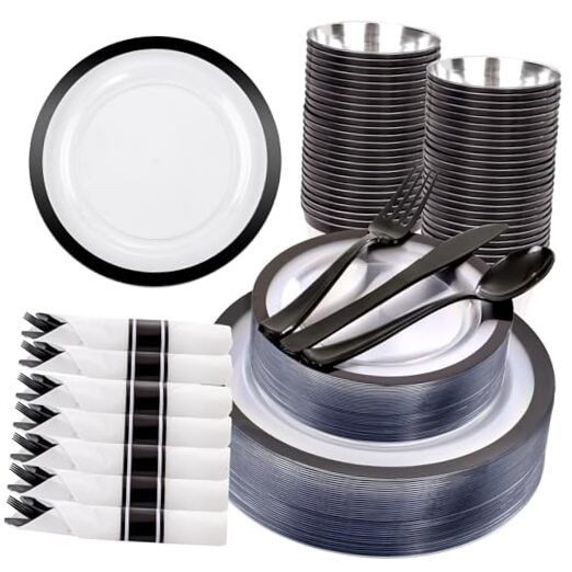 350PCS - Clear Plates with Rim for 50Guests Dinnerware Include 100 Clear Black