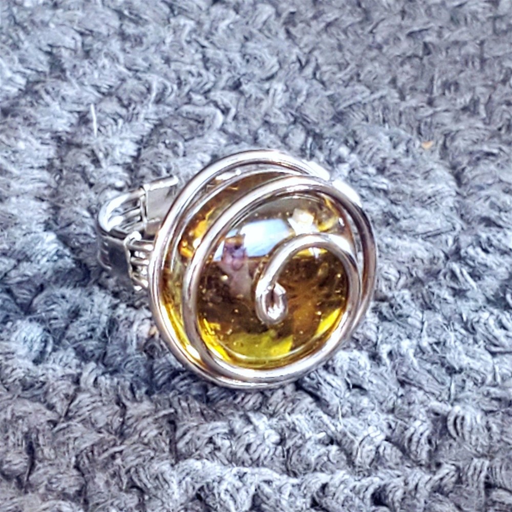 Handcrafted Edgy Translucent Amber Silver Spiral Luster Glass Bauble Ring