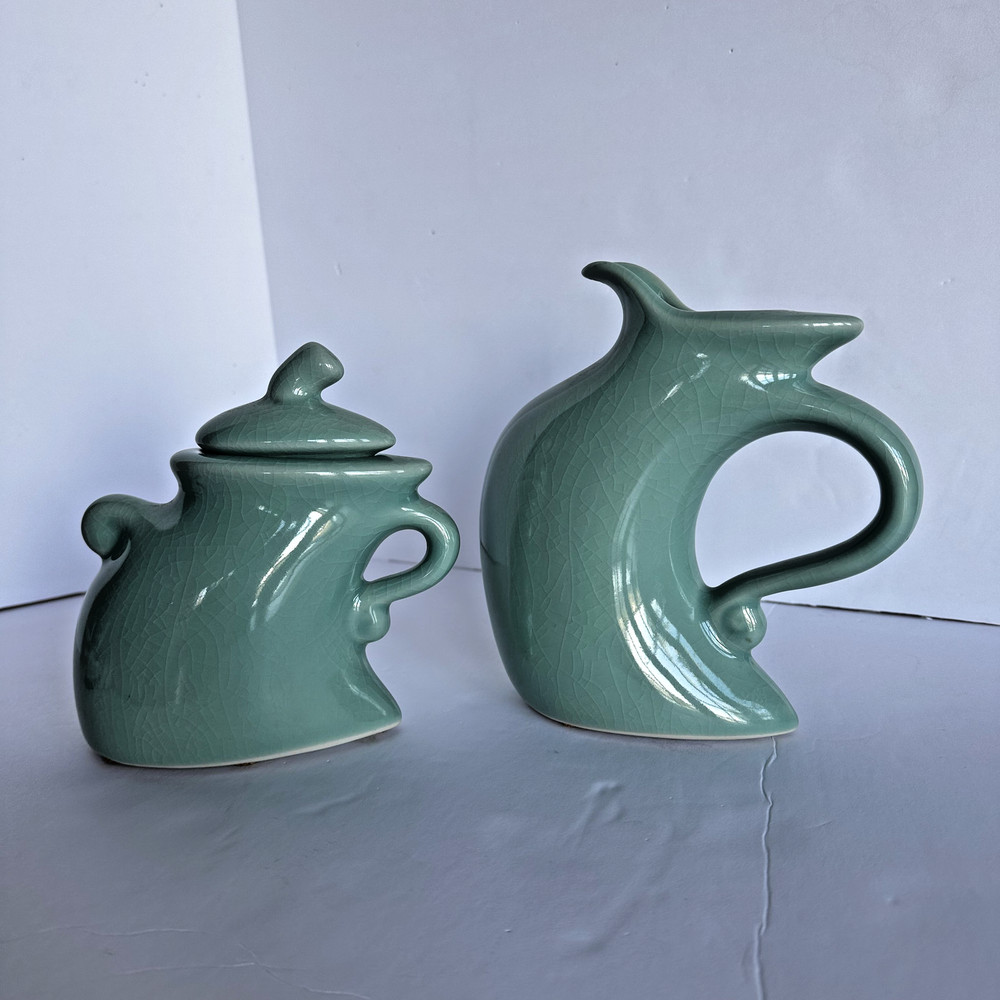MICHAEL LAMBERT STUDIO Dancing & Struttin Creamer & Sugar Set Signed Aqua Green