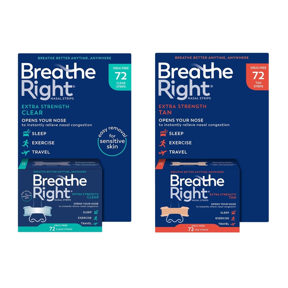 Breathe Right Extra Strength Nasal Strips, 72 Strips ( Clear or Tan)
