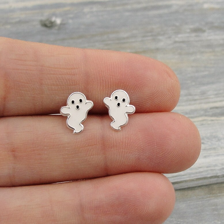 Ghost Post Earrings - 925 Sterling Silver - Spooky White Ghost Studs NEW