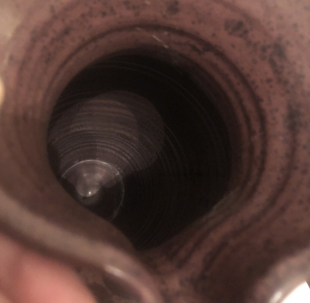 Art Pottery Ceramic Pitcher Rustic Drip Glaze Ribbed Pattern Scroll Handle 11.5”