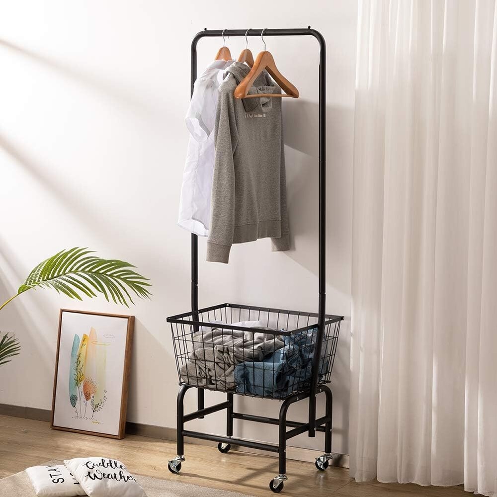 Laundry Cart with Clothes Rack, Rolling Laundry Butler with Wire Storage Rack