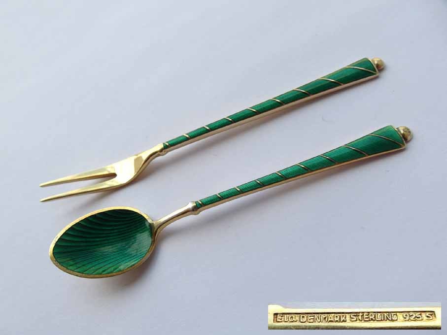 Set Spoon + Fork, Enamel, Egon Lauridsen, 925S Silver G426