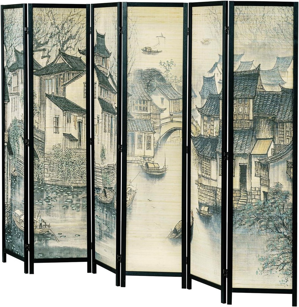 6 Panel Freestanding Bamboo Room Divider, Black Wood Decorative Folding Screen