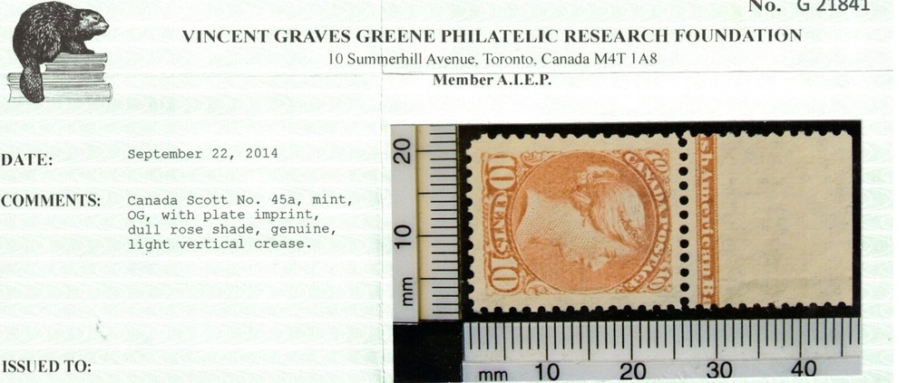 Canada #45a Extra Fine Mint Lightly Hinged With Imprint **With Certificate**