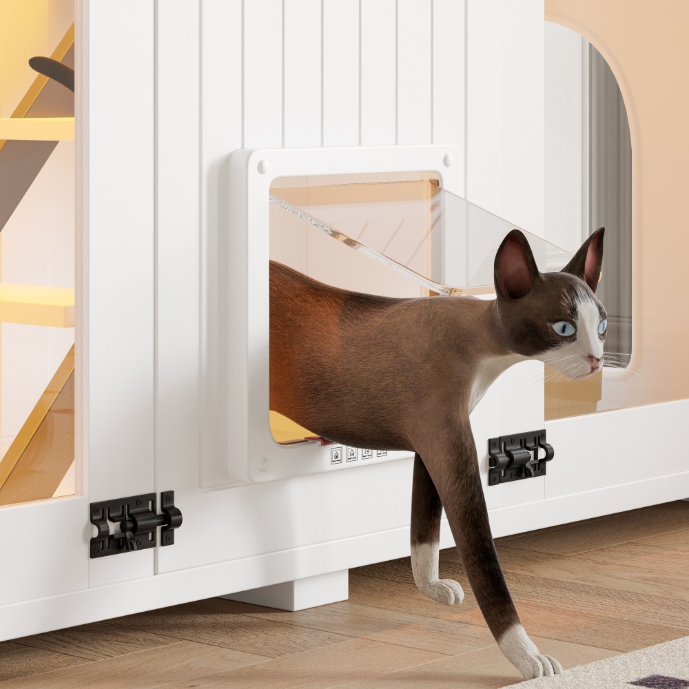 Cat Litter Box Enclosure with LED Light, Stairs, and Scratching Post