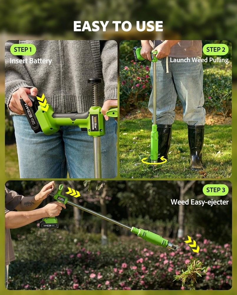 Weed Puller Tool Electric StandUp Weed Puller Tool 21V Battery Powered 2x2000mAh