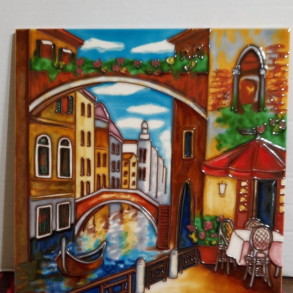 Hand Painted Multicolor Ceramic Venice Cityscape Gondola Cafe Decorative Tile.