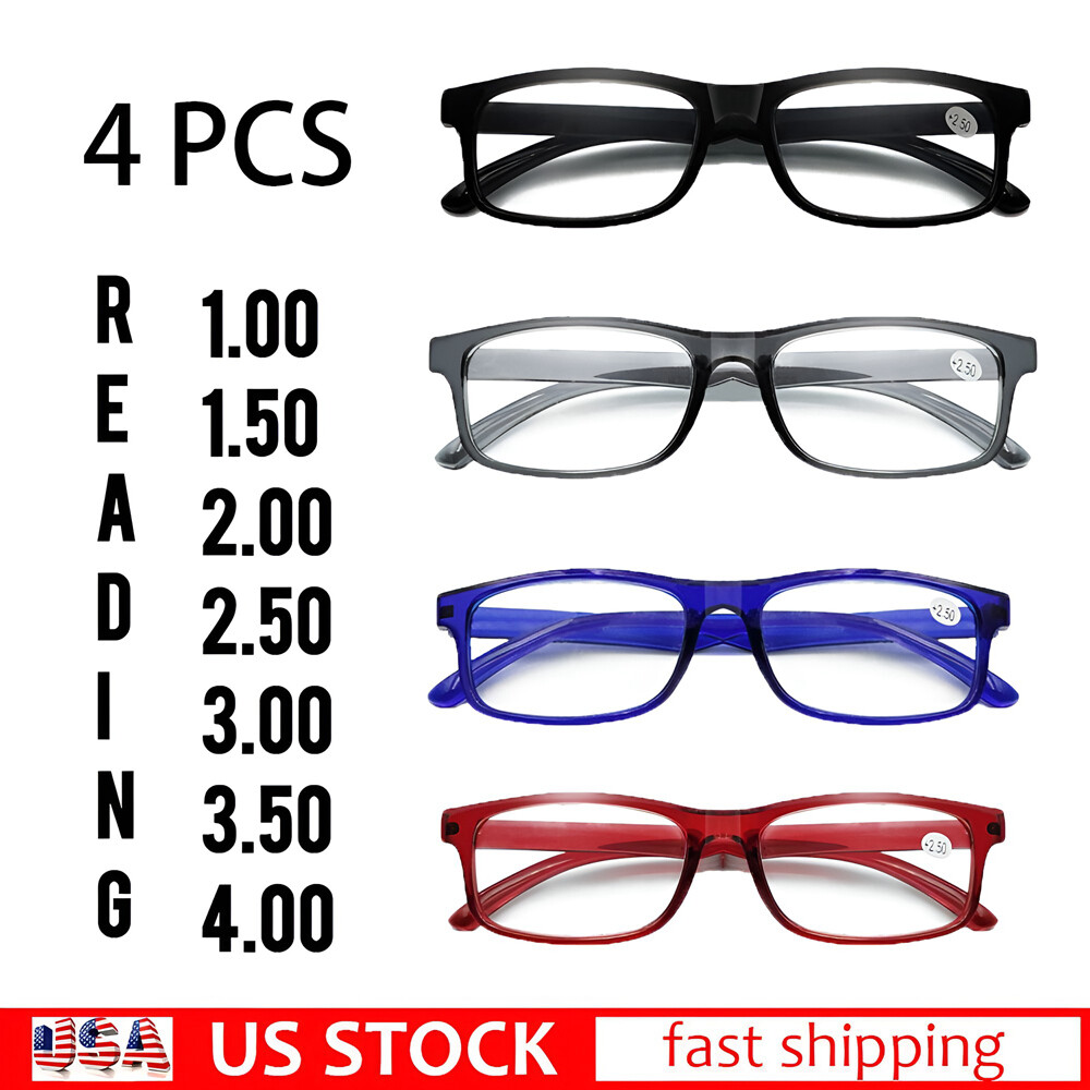 4 Pair Rectangular Spring Hinge Power Reading Reader Glasses For Men Women