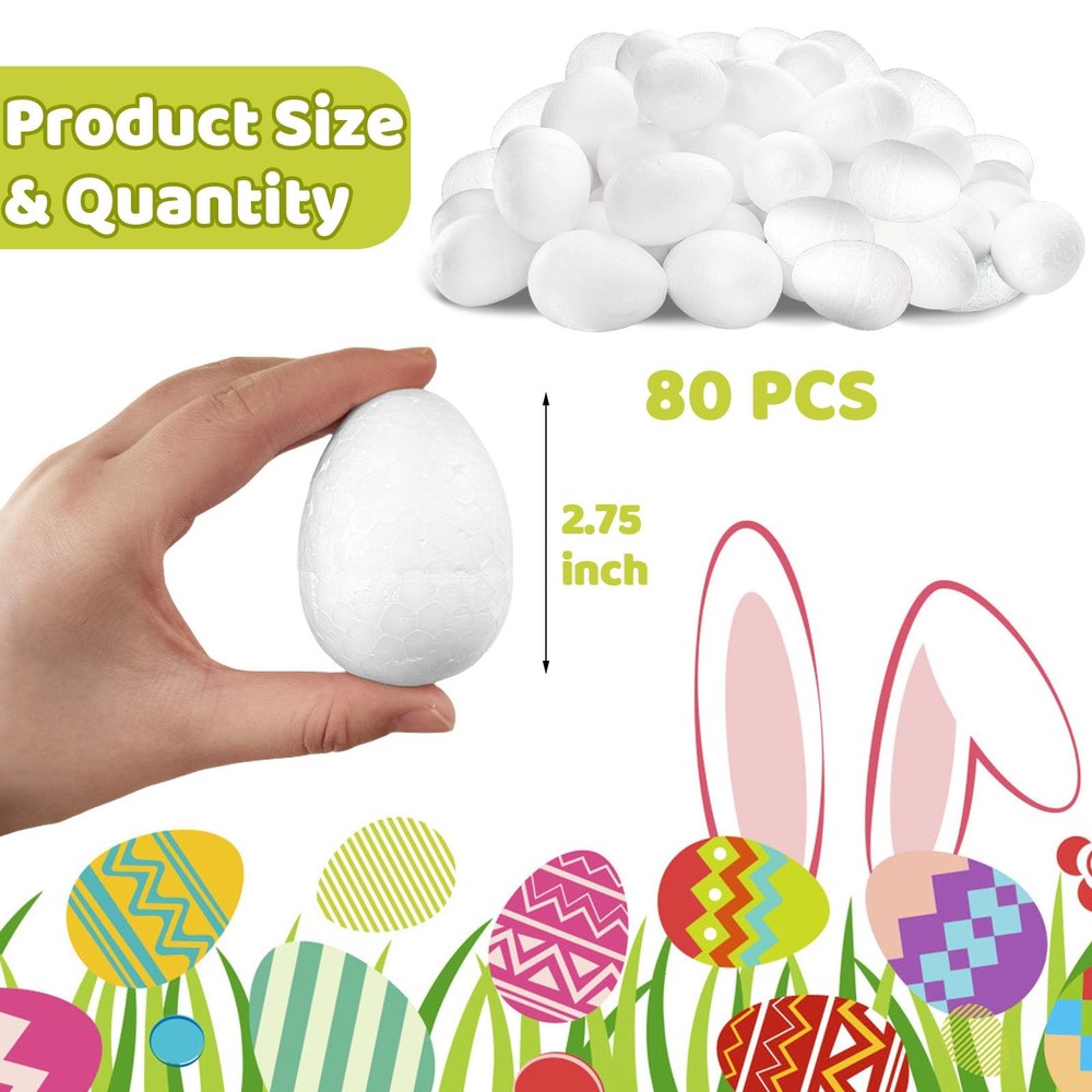 80 PCS Easter Foam Eggs,2.75 Inch White Smooth Craft Eggs,Blank Polystyrene E...