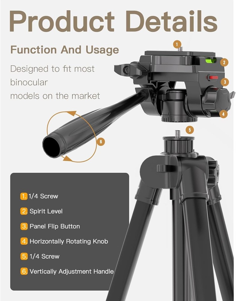 69” Tripod for Spotting Scopes, Binocular & Camera, Includes Binocular Adapter,